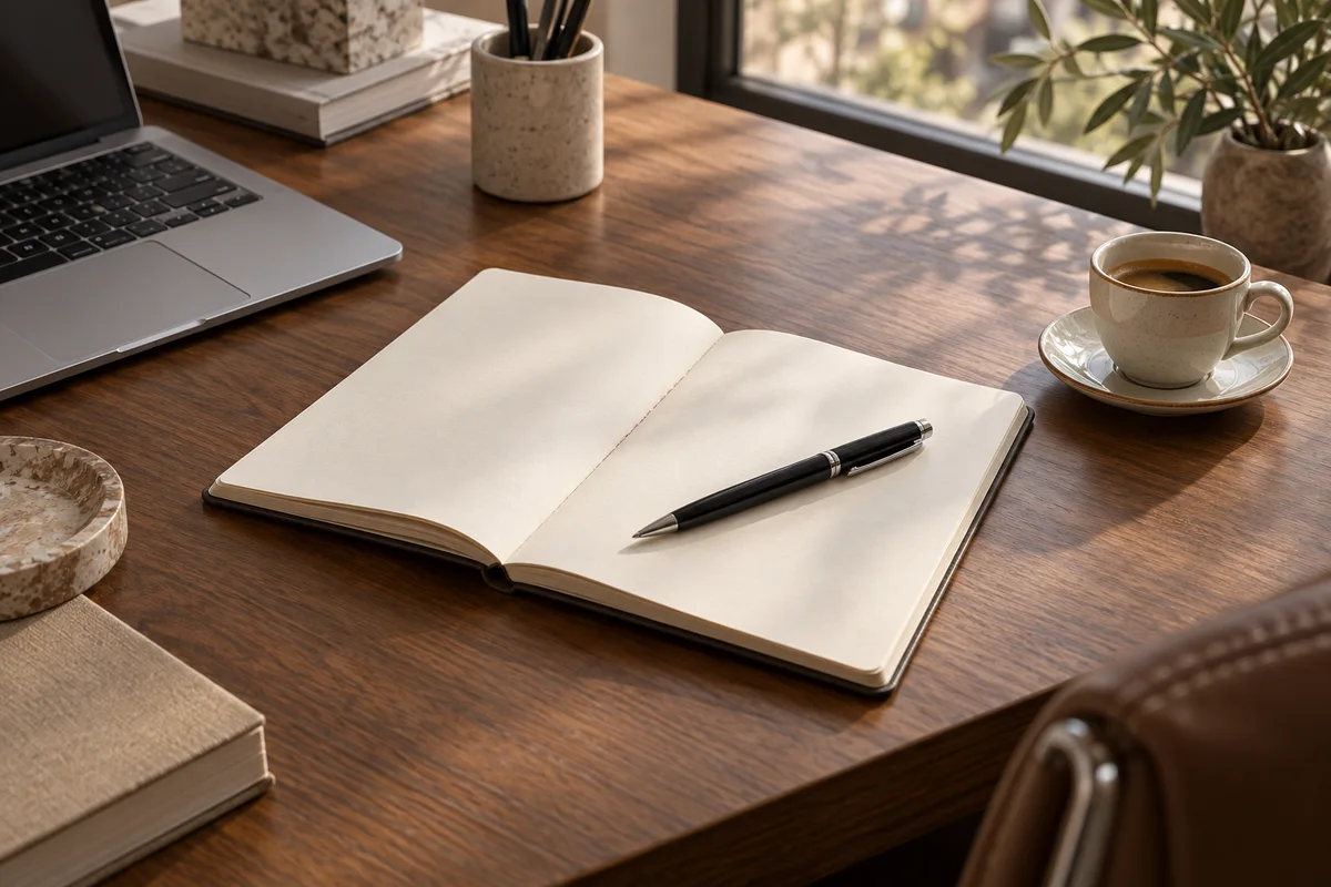 Caderno aberto, caneta e notebook sobre uma mesa de madeira iluminada pela janela.
